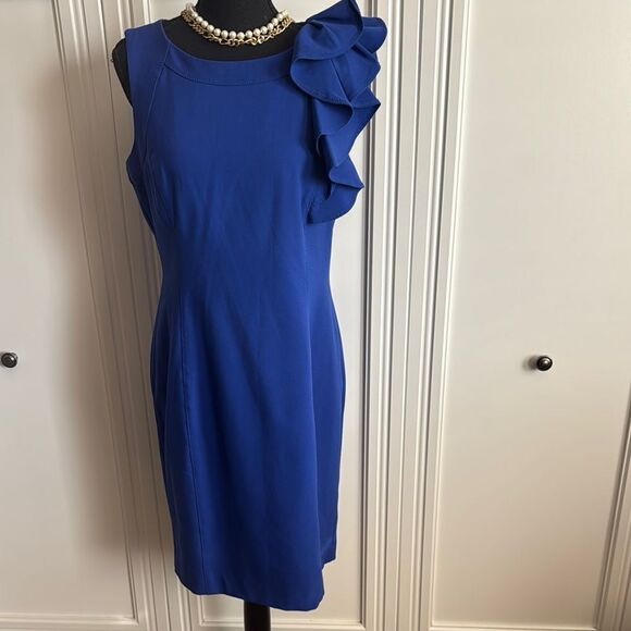 Calvin Klein Royal Blue Sheath Dress with Ruffle Detail - Picture 1 of 6